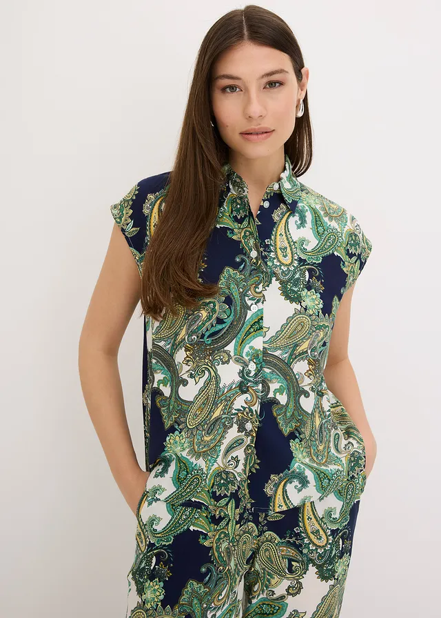 Gedessineerde blouse van soepele viscose, Kleur: donkerblauw-wit-lichtgroen paisley