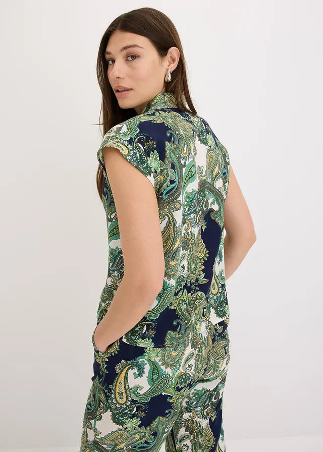 Chemisier imprimé en viscose fluide, Couleur: bleu foncé/blanc/vert clair paisley