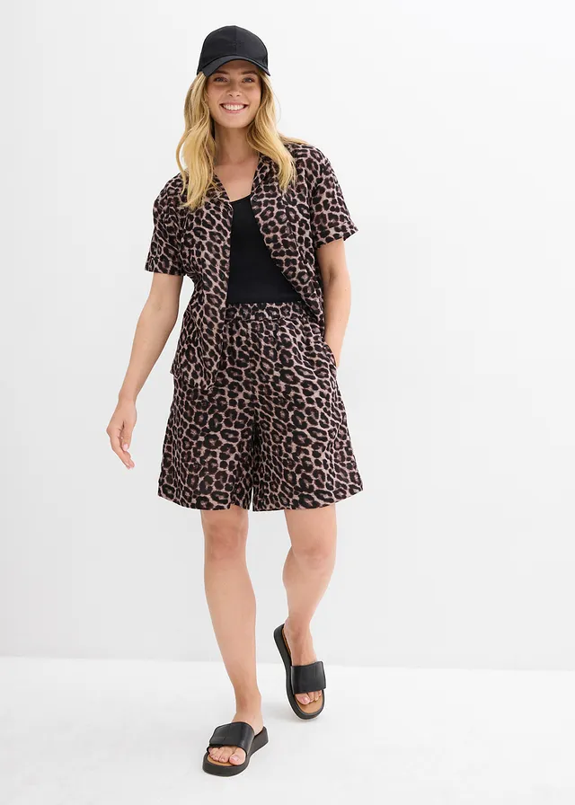 Wijde short van mousseline, Kleur: beige luipaardprint