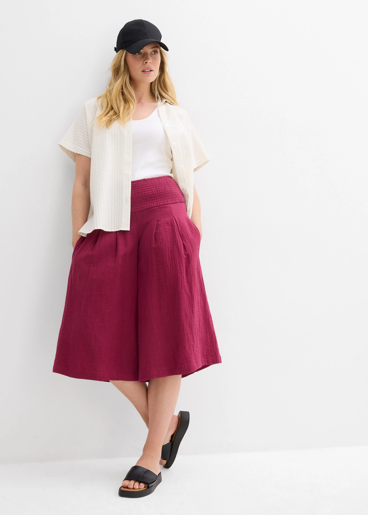 Capri kalhoty z měkkého mušelínu • rododendronově růžová • bonprix obchod