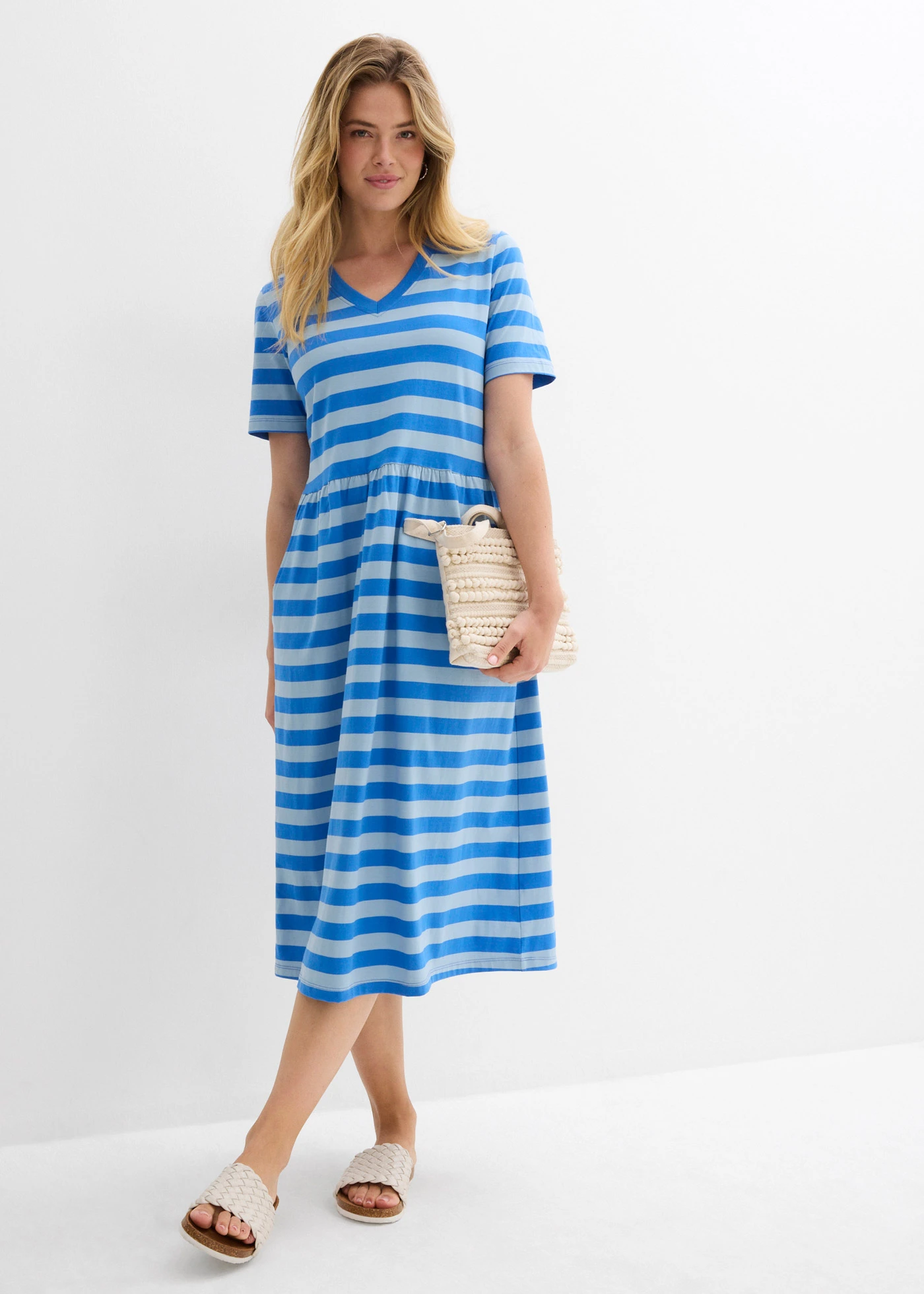 Žerzejové šaty z organické bavlny • ledovcově modro-ledově modrá s příčnými proužky • bonprix obchod