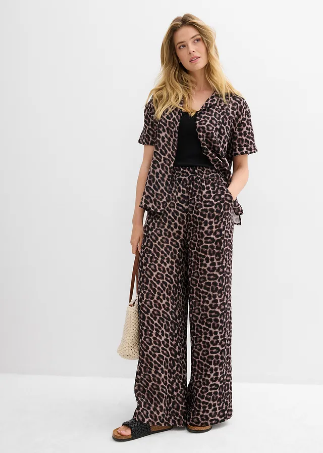 Pantalon palazzo en gaze de coton, Couleur: beige léopard