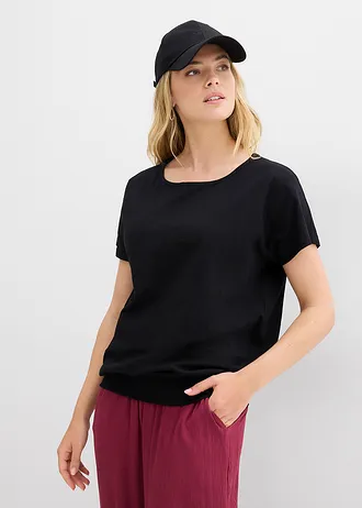 T-shirt en fil flammé avec base smockée, Couleur: noir