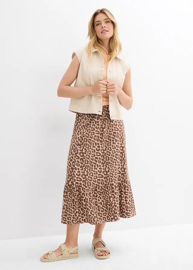 Jersey rok in een viscosemix, Kleur: beige met luipaardprint