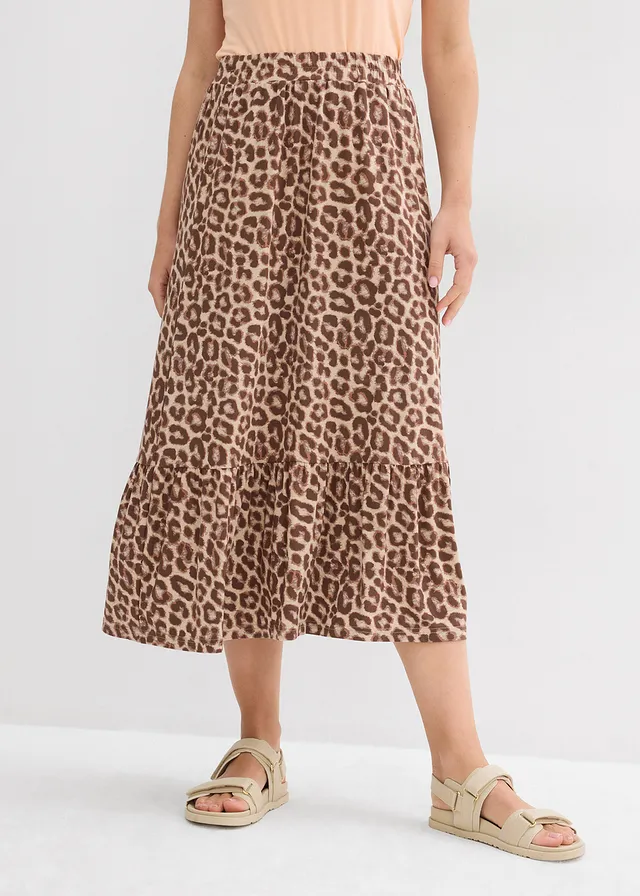 Jersey rok in een viscosemix, Kleur: beige met luipaardprint