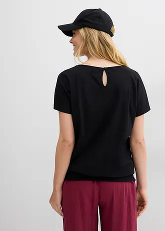 T-shirt en fil flammé avec base smockée, Couleur: noir