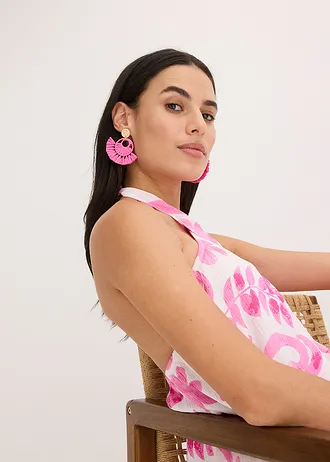 Oorstekers in stro-look, Kleur: fuchsia-goudkleurig