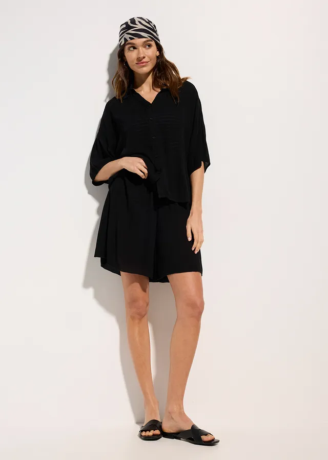 Chemisier court de plage en viscose fluide, Couleur: noir