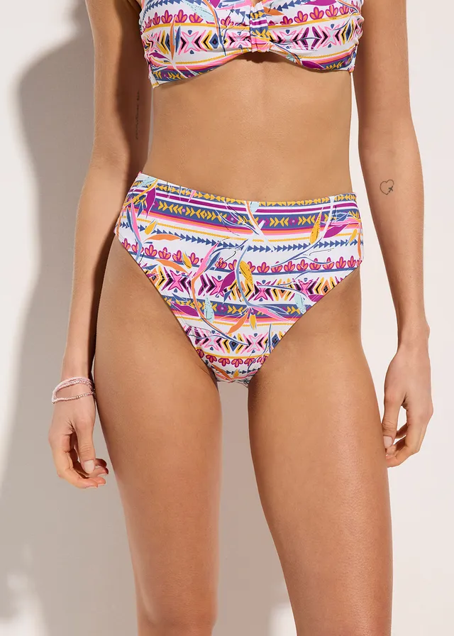 Bas de bikini taille haute, échancré, Couleur: blanc/violet