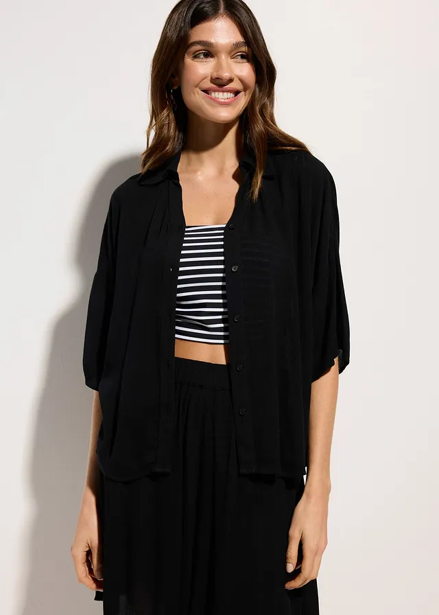 Chemisier court de plage en viscose fluide, Couleur: noir