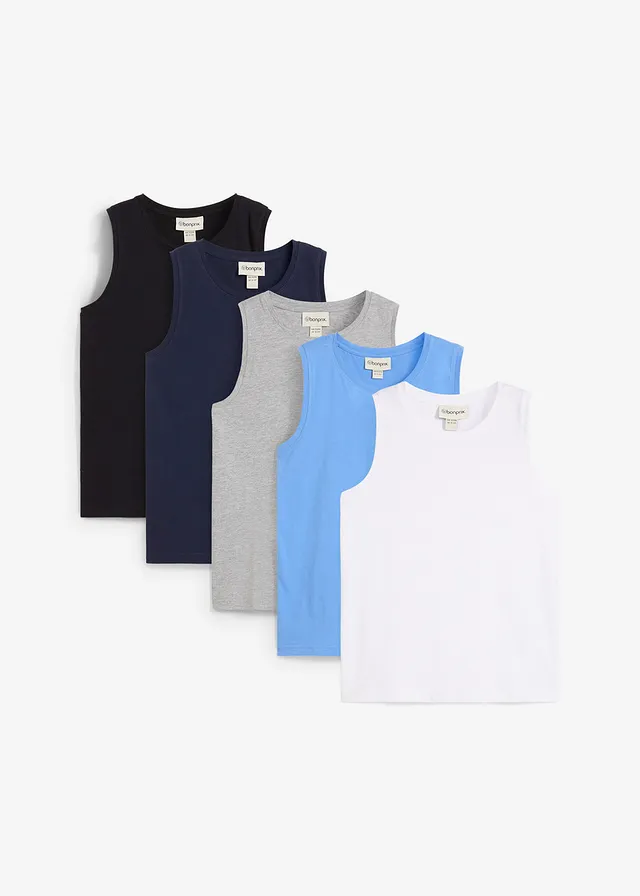 Tanktop met biologisch katoen (set van 5), Kleur: donkerblauw+wit+lichtgrijs gemêleerd+middenblauw+zwart