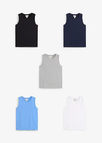 Lot de 5 débardeurs coton, Couleur: bleu foncé+blanc+gris clair chiné+bleu moyen+noir