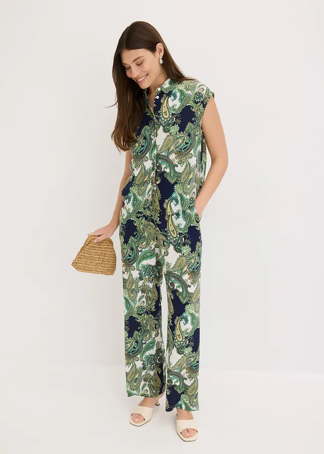 Gedessineerde broek van soepele viscose, Kleur: donkerblauw-wit-lichtgroen paisley