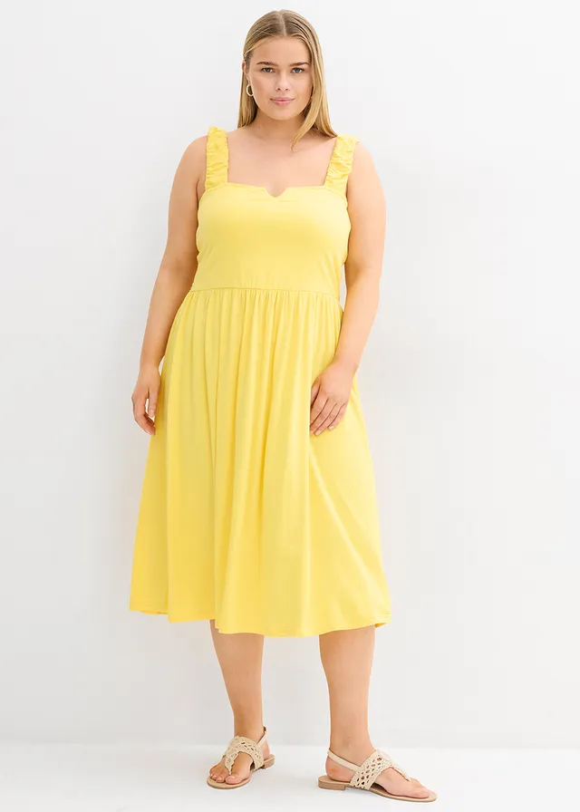 Jurk in een iets uitlopend model van een katoen-viscosemix, Kleur: tulpengeel
