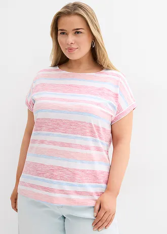 T-shirt z czystej bawełny organicznej, kolor: ciemnoczerwony-jasny łososiowy-biały w paski
