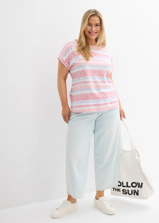 T-shirt 100% coton, Couleur: rouge profond/saumon clair/blanc rayé