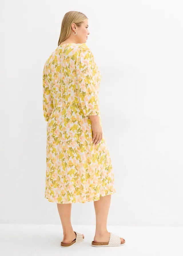 Robe en crépon de viscose, Couleur: blanc/jaune tulipe/pistache mat/saumon clair/melba/citron/vert mousse floral