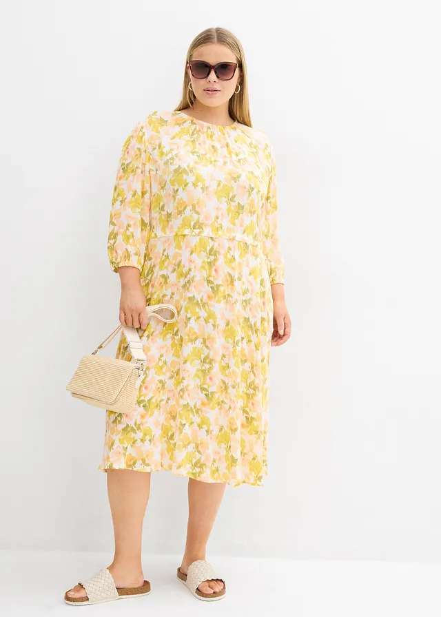 Robe en crépon de viscose, Couleur: blanc/jaune tulipe/pistache mat/saumon clair/melba/citron/vert mousse floral