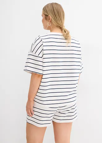 Sweater in een zachte katoenmix, Kleur: wolwit-donkerblauw gestreept