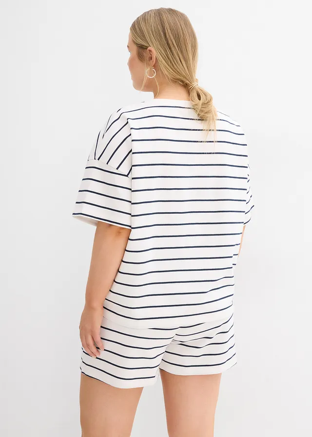Sweat doux en coton mélangé, Couleur: blanc cassé/bleu foncé rayé