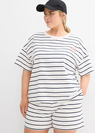 Sweater in een zachte katoenmix, Kleur: wolwit-donkerblauw gestreept