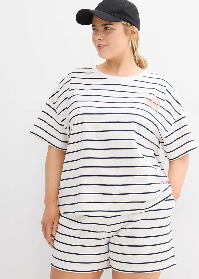 Sweat doux en coton mélangé, Couleur: blanc cassé/bleu foncé rayé