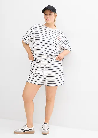 Sweater in een zachte katoenmix, Kleur: wolwit-donkerblauw gestreept