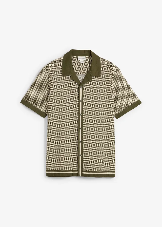 Chemise manches courtes en lin mélangé • beige galet/olive foncé imprimé graphique • Boutique bonprix