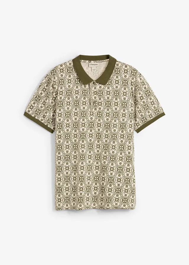 Polo en coton, Couleur: beige galet/olive foncé imprimé graphique