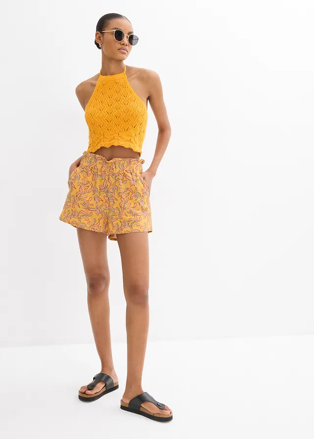 Short in een katoen-viscosemix, Kleur: honingkleur-mat mandarijn gebloemd