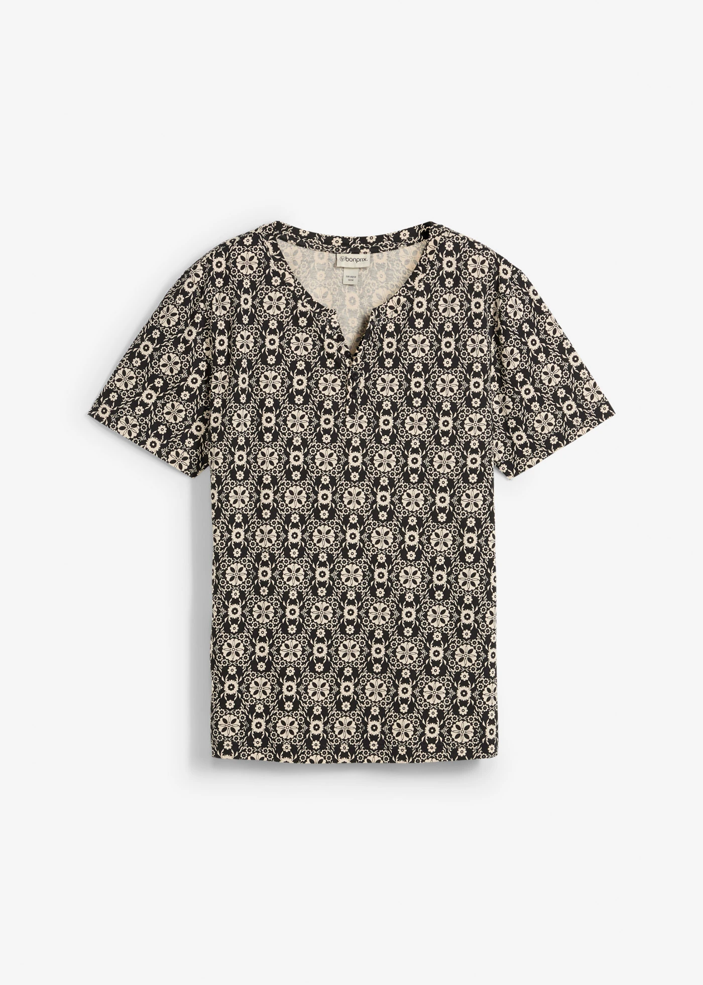 Henley triko z čisté bavlny • šedobéžovo-černá s grafickým potiskem • bonprix obchod