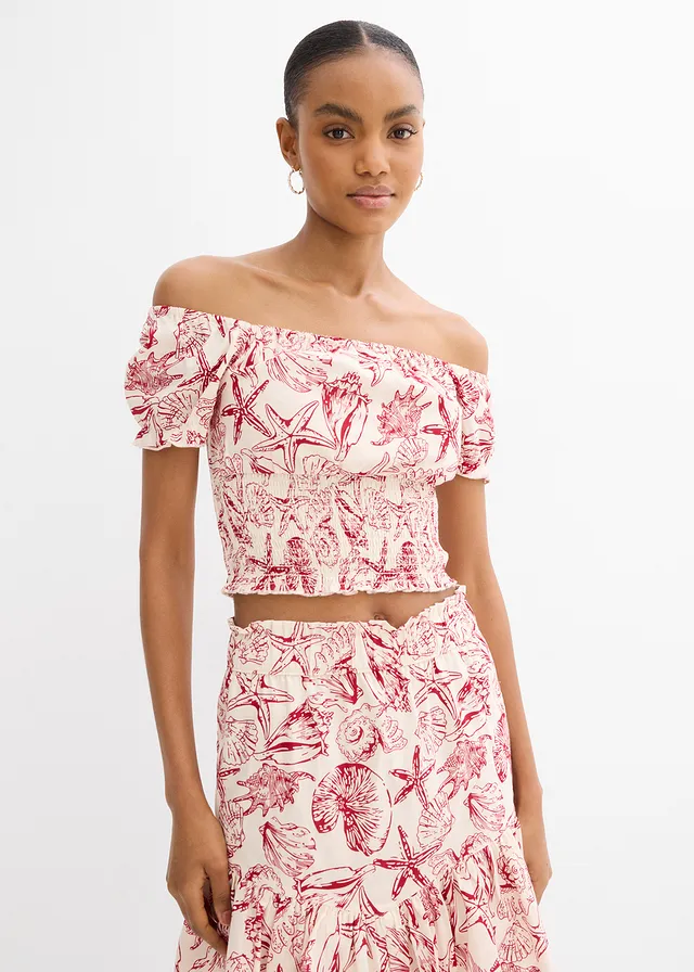 Blouse à encolure Bardot, 100% coton, Couleur: crème/rouge piment imprimé