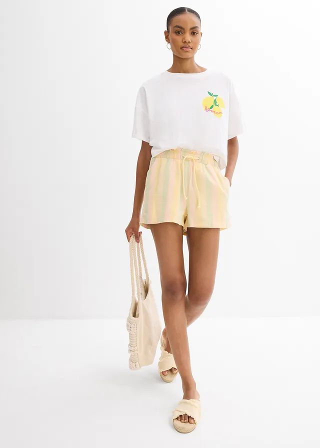 Short léger avec du lin, Couleur: naturel rayé verticalement