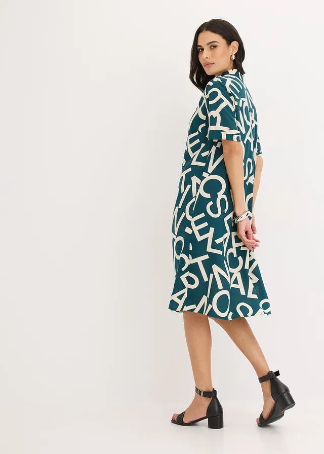 Jurk van soepele viscose, Kleur: pepergroen/kiezelbeige grafische print