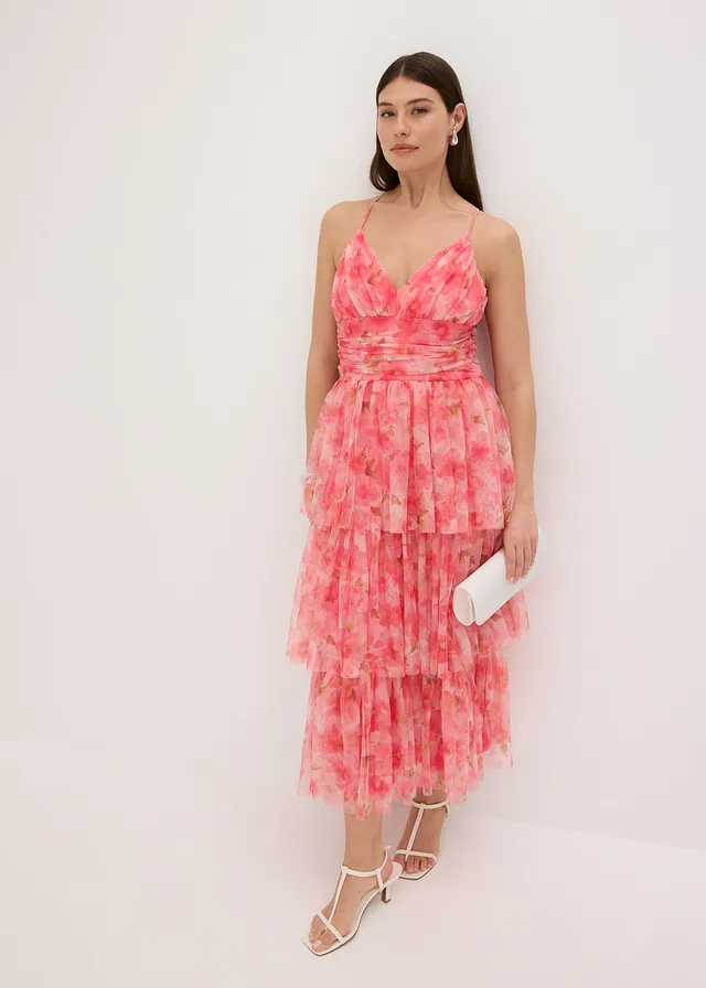 Midi jurk van fijne tule met volants, Kleur: pink gebloemd