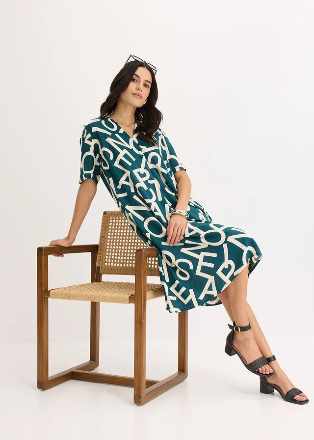 Robe en viscose fluide • vert poivre/beige galet graphique • product-page.page-title-suffix