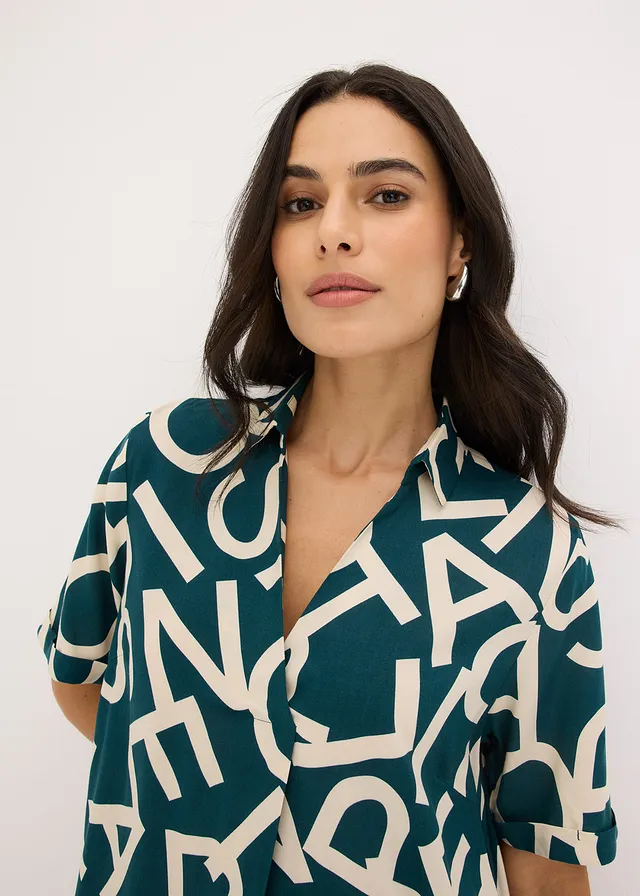 Robe en viscose fluide • vert poivre/beige galet graphique • product-page.page-title-suffix