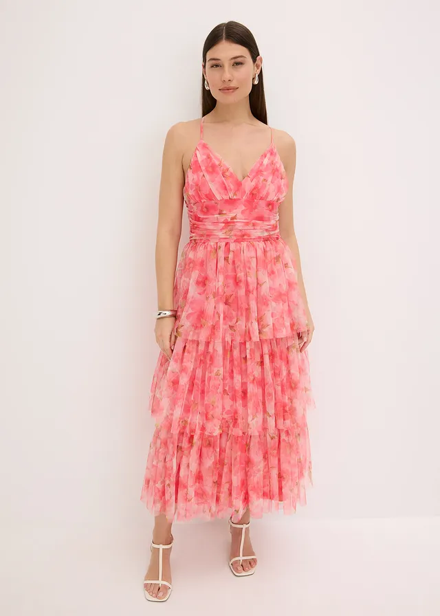 Midi jurk van fijne tule met volants, Kleur: pink gebloemd