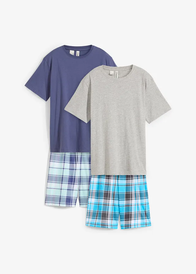 Shortama met zacht biologisch katoen (4-dlg. set), Kleur: lichtgrijs gemêleerd+indigo-turkoois+mentholmint geruit