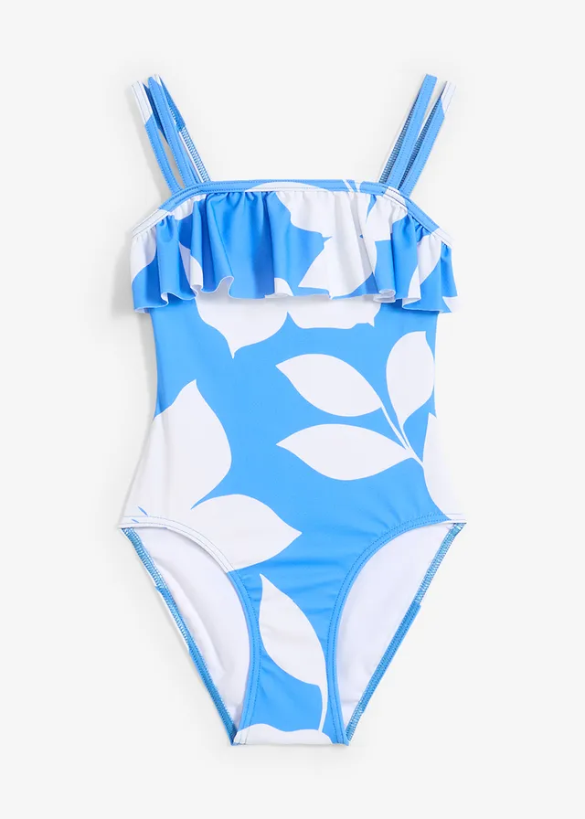 Maillot 1 pièce fille, Couleur: bleu/blanc à fleurs