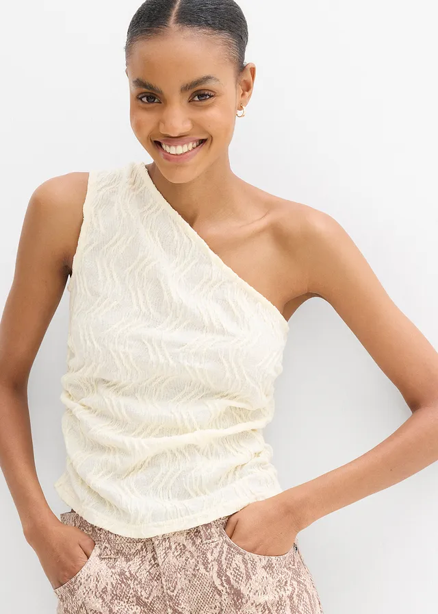 One shoulder top van gestructueerd materiaal • crèmewit • product-page.page-title-suffix