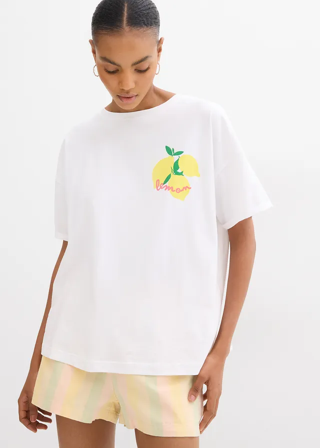 Oversized shirt van puur biologisch katoen • wit-soft geel met print • product-page.page-title-suffix