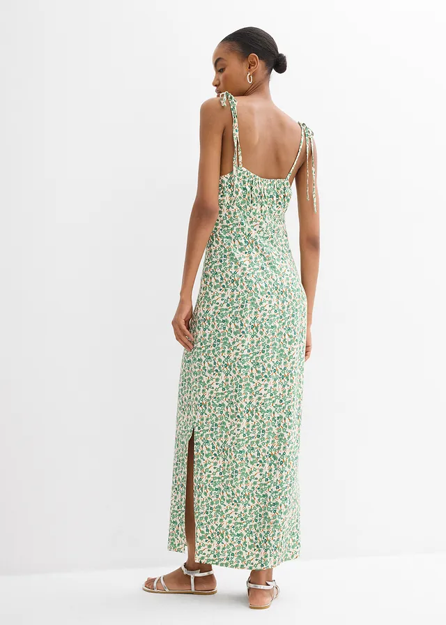 Robe à bretelles en viscose fluide, Couleur: vert lierre/crème