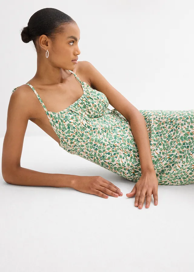 Jurk met spaghettibandjes van soepele viscose • klimopgroen-crèmewit • product-page.page-title-suffix