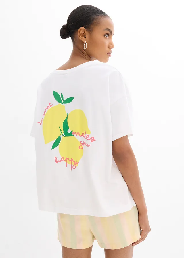 Oversized shirt van puur biologisch katoen • wit-soft geel met print • product-page.page-title-suffix