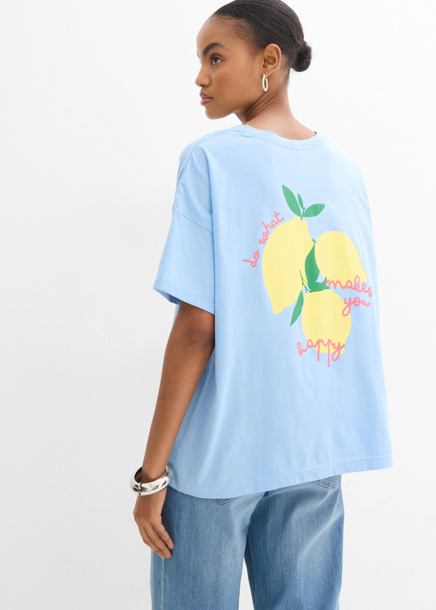 Bluză oversize din bumbac organic 100% • bleu-galben soft cu imprimeu • magazin bonprix