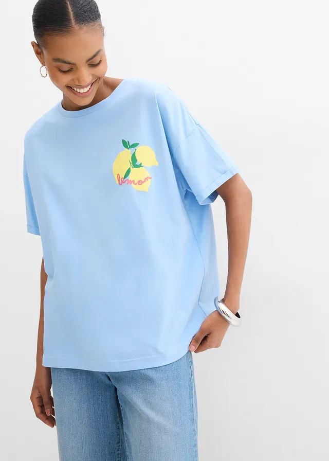 Oversized shirt van puur biologisch katoen, Kleur: lichtblauw-soft geel met print