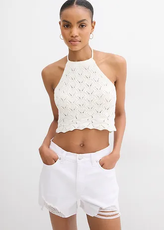 Gebreide neckholder top, Kleur: wolwit