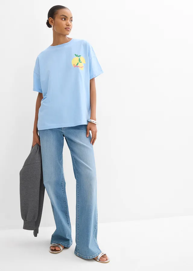 T-shirt oversize 100% coton, Couleur: bleu clair/jaune pâle imprimé
