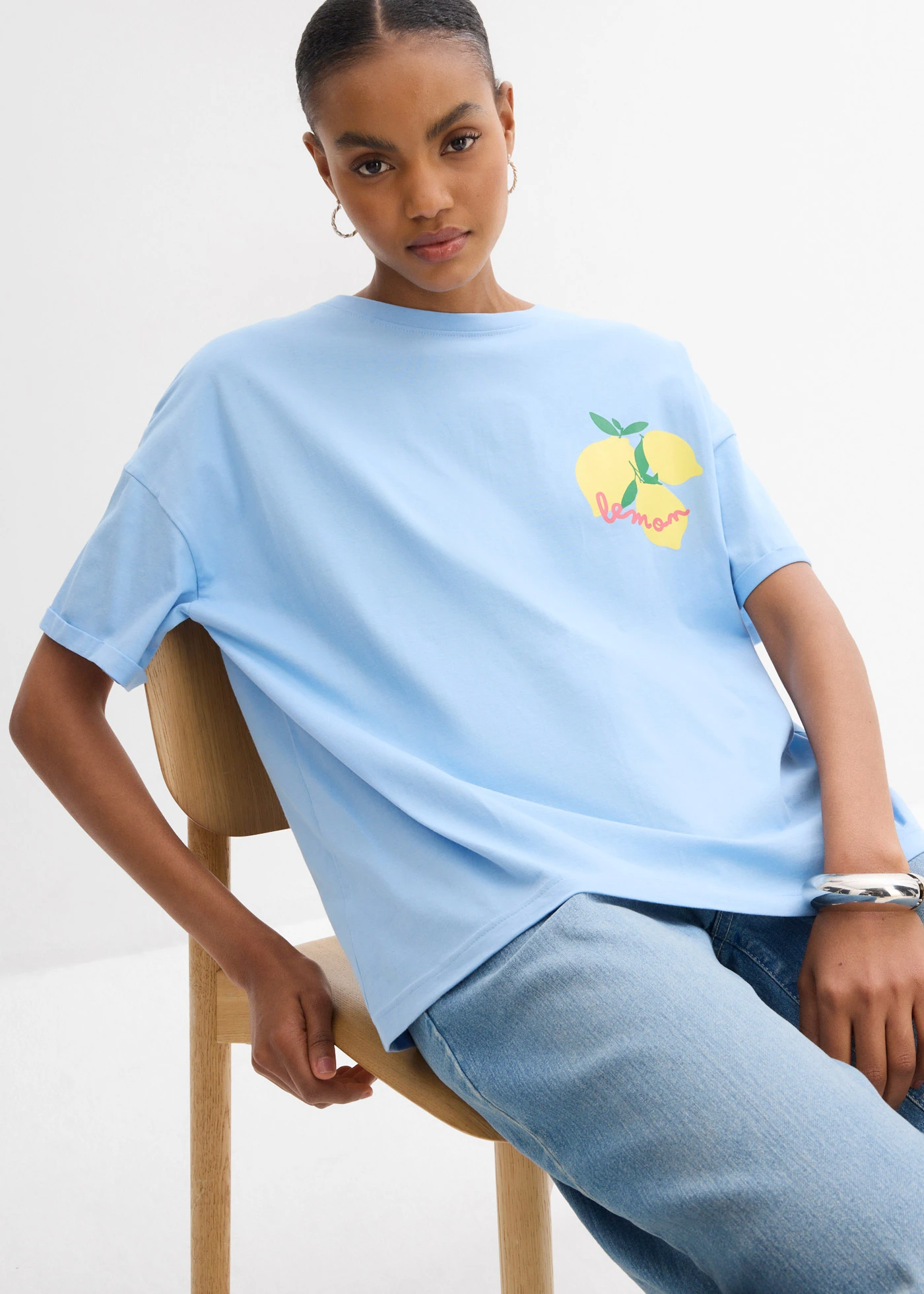 Oversized shirt van puur biologisch katoen • lichtblauw-soft geel met print • bonprix online shop